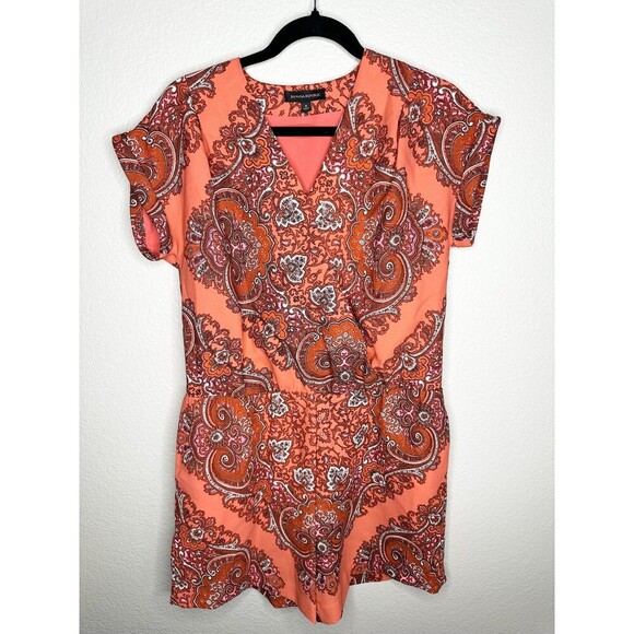 Banana Republic Romper Womens 6 Orange Paisley Print Wrap V-Neck Short Sleeve - Picture 1 of 9